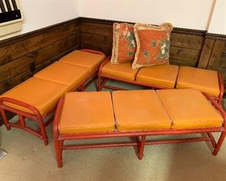 Vintage Rattan orange benches with 3 cushions in great condition.  Dimensions 4'6"l x 19"w x 16.5"h.  Price each $100