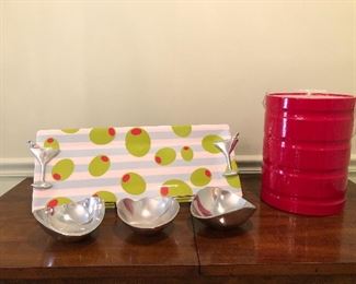 Vintage red ice bucket. olive tray and 3 nut bowls - set $30