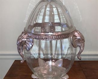 Glass and metal covered urn with elephants 20" - $50