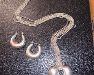 Silver heart necklace and hoop earring set $40