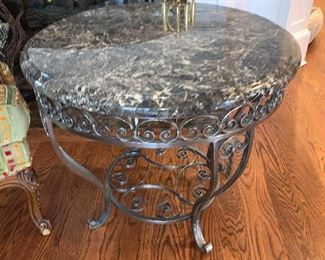 Marble top on metal base round side table.  Mint condition.  Dimensions 27"diameter x 23"h   Price $350