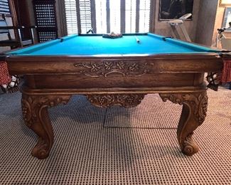 Olhausen 8' carved solid walnut pool table in mint condition. Price $5000 