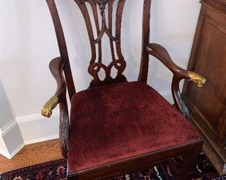 Pair of upholstered carved arm chairs in great condition.  Dimensions 40"h x 19"d x 26"w   Price for pair $495