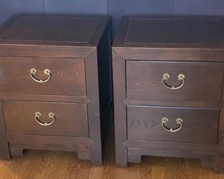 NOW $55 each or $95/pair. Nightstands or end tables with 2 drawers, brass pulls. Well made, each is 21.5”H, 15”D, 18”W. 