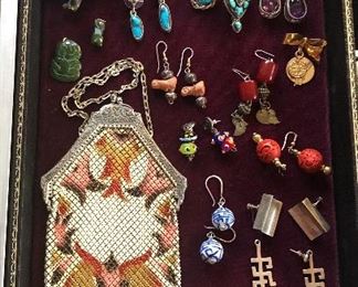 $95 Mandalian metal mesh purse, jewelry including silver & amethyst earrings, geometric silver brooch & earrings (turquoise pieces are SOLD)