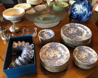 “Blue Aves” china set *SOLD pending pick * NOW $18 glass centerpiece bowl, NOW $7 pewter tea service.