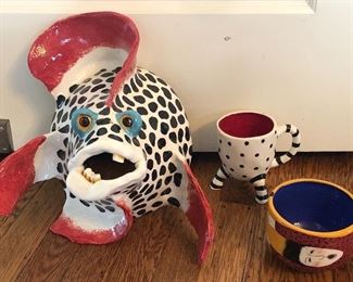 1990s pottery by Terri Cody - NOW $45 Fish wall sculpture, polka dot mug NOW $6 & bowl NOW $10.