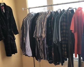 Men’s clothing including button down shirts by Facconable, Tommy Bahama, Nordstrom, Hugo Boss & more (mostly size med., some large) Also tennis gear, golf shirts, swim trunks.