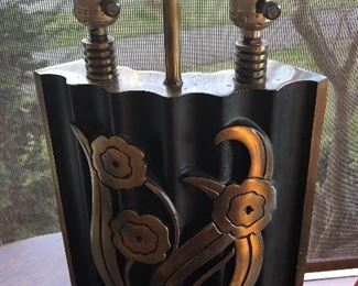 Awesome vintage cast brass lamp with flowers - it’s curved! 16” tall to top of sockets. Includes faded black linen shade (not shown) Call for more pics!
