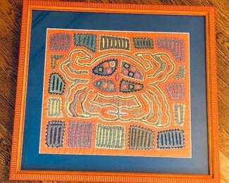 NOW $25 Framed crab mola (textile) from Panama, 19” x 22”. 