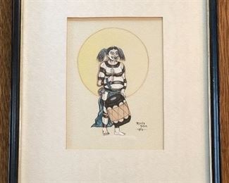 NOW $32- Watercolor of pueblo clown by Randy Silva, dated 1972, framed size 8.5" x 10.5" (artist from Santa Clara pueblo, New Mexico) 