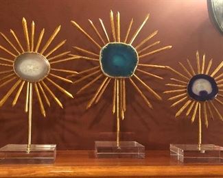 3 agate starburst sculptures on lucite stands. Center one is 13” tall, right one is purple. L to R: NOW $15 - $16 - $14 - or $38  for all 3.