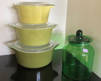 Pyrex + green glass canister