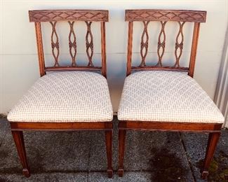 NOW $125 - Pair of Baker upholstered side chairs w/ mahogany finish. Upholstery  in good condition. 21”W at front, 21”D, 34”H at back. Text or call for more pics. 