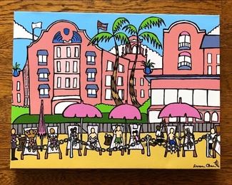 Acrylic on canvas painting “Royal Hawaiian Pool” by Hawaii artist Aaron Char. It features a scene of the pool at the Royal Hawaiian Hotel in Waikiki, Honolulu. Measures 12” x 16”, signed lower right. 