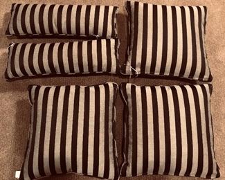 Lot of 5 high quality throw pillows. $8 each - 16” square ones; $7 each - long ones are 7.5” x 22”. Or $32/all 5. Filling is quite plump & fabric has a bit of a sheen to it. NO stains, non-smoking home. (Dark spot in pic is a shadow)