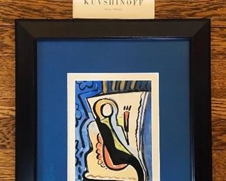 $145 Nicolai Kuvshinoff (1899-1997) abstract painting. Tempera on paper, 5” x 8” image. Signed & dated (02-38) lower left. Framed size 13” x 16”. Includes vintage gallery catalog of his work.