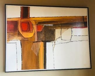 $145 - Abstract oil painting on canvas, 25” x 33, signed “Denton 1970” lower right.