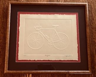 1984 bicycle print by NW artist Sharon Jewell, edition of 100, image size 11” x 14”, framed size 17.5” x 20”.