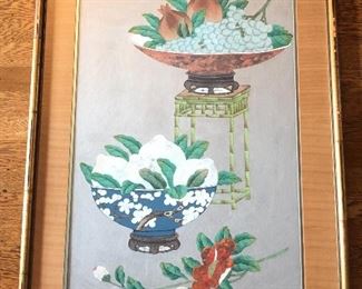 NOW $60 Vintage Chinese still life painting on silver paper, 24” x 37”, some wear on gilt “bamboo” frame.