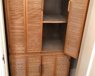 Pair of matching cabinets NOW $32 each (stacked on top of each other) Unique corrugated cardboard w/ oak trim. Lightweight yet sturdy! Each 19”D, 28”W, 29”H with bi-fold doors. We also have matching executive desk NOW $30 & bookshelf NOW $25 (38”H, 14”D, 28.5”L)