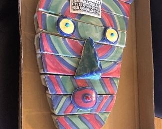 Articulated pottery “mask” by Oregon artist Paul T.  Lambert (1948-2018), 18” tall. Comprised of sections wired together on the back. 