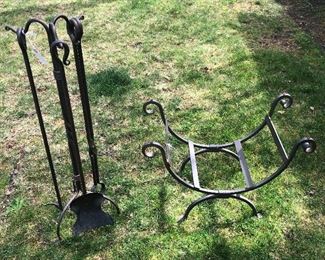 * SOLD pending pick up * Fireplace tool set - tongs, shovel & poker + 3 legged stand, 33” tall overall.  Wrought iron log/firewood holder (23.5”L, 11”D, 16”H)