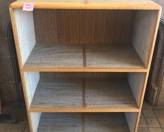 NOW $18 - Sturdy yet lightweight shelf - corrugated cardboard with oak trim (29”W, 38”H, 14.5”D) Shelves do not adjust.