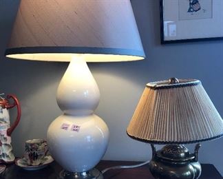 White lamp; small brass lamp shaped like Chinese censer 10.5” tall NOW $18 (shade has stains)