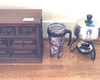 NOW $18 Wooden jewelry chest (14”L, 7”D, 10”H), $9  new-with-tags Yeti brand cup, NOW $8 chrome fondue pots + forks