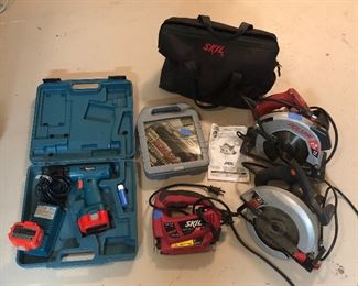 $25 Makita drill with charger, batteries + case; Durapro “Flashdriver Deluxe” screwdriver & socket set; $15 Skil 4380 variable speed jigsaw; $45 Skilsaw 5680 - 7 1/4” circular saw with laser cut line & tote bag; $20 Skilsaw 5150 - 7 1/4” circular saw.