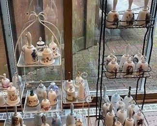 Porcelain Bells including several Norman Rockwell LOT - All items pictured including stands for $60 **CALL (847) 630-1009 TO PURCHASE**