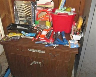 Painting Supplies & Wood Cabinet