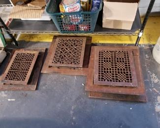 Assorted Antique Cast Iron floor vent grates with trims 4 available approx sizes (3) 16" x 18" (1) 14" x 18"