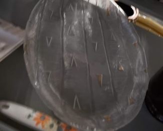 Vintage MCM Mid Century oval clear glass platter with gold accents 