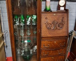 Burled wood secretary with beveled glass door approx 36.5" W x 12"D x 59.5"H