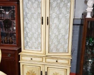 French Provincial lighted china cabinet with upper glass shelves 38.5"W x 17.5"D x 80.75"H in center