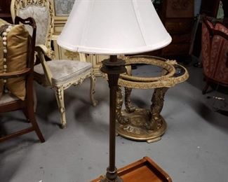 (2) Solid antique brass table lamps with shades 