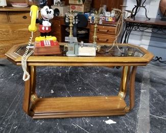 Wood with smoke glass insert 6 sided sofa table 48"W x 17"D x 27"H 