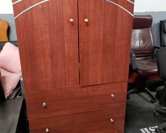 (2) Drawer 2 shelf Armoire has matching queen headboard, dresser & mirror made in Canada Armoire 34.75"W x 18.50 x 58.5H Dresser 66"W x 17"D x 30.25"H Mirror 41" x 41" Headboard 62"W x 27" 