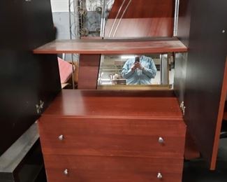 (2) Drawer 2 shelf Armoire has matching queen headboard, dresser & mirror made in Canada Armoire 34.75"W x 18.50 x 58.5H Dresser 66"W x 17"D x 30.25"H Mirror 41" x 41" Headboard 62"W x 27" 