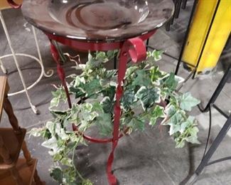 Burgundy painted metal with black glass platter stand 25"H x 16" diameter  