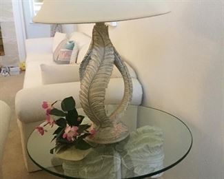 palm end table  $ 125   with glass top, palm lamp  $ 50