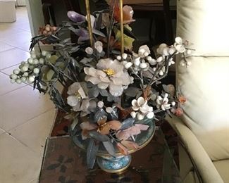 large cloisonné basket brass handle and authentic jade flowers