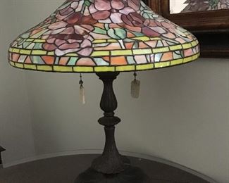 tiffany style lamp, pink floral, 2 lights, carved jade pulls,$ 350. Size :  27” high x.  21” wide