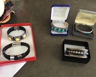 Sterling Bracelets & Black Leather with Stainless Steel Accents