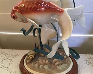 Porelain Golden Carp  with metal
Original  on wood base.  $50