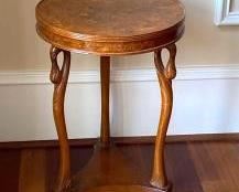 Italian Burl Walnut Round Table on Three Swan Form Cabriole Legs