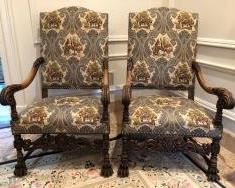 Pair of Antique Heavily Carved Wood Frame High Back Arm Chairs