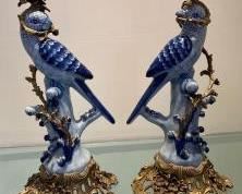 Pair of Large Vintage Porcelain Blue and White Majolica Parrots Mounted in Ornate Brass Bases 14.25" H Candle Holders